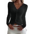 thumbnail image 3 of Womens Cardigan Sweaters Lace Ruffle Trim V Neck Long Sleeve Button Front Ribbed Knit Cute Fitted Crop Tops Black XXL, 3 of 9