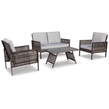 Signature Design by Ashley Lainey Outdoor 4 Piece Resin Wicker Patio Set with 2 Chairs Cushioned Loveseat & Glass Top Coffee Table Gray