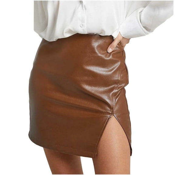 Kilaqueen Black Mini Skirt Fuax Leather High Waisted Split Mini Skirt Solid Color Bodycon Pencil Mini Skirts
