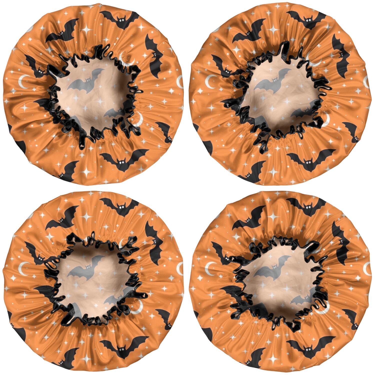 Shower Caps,Halloween Bats with Moons and Stars Waterproof Shower Cap for Women 4 Pieces,Double Reusable Hair Cover for Shower PEVA Elastic Stretch Hem