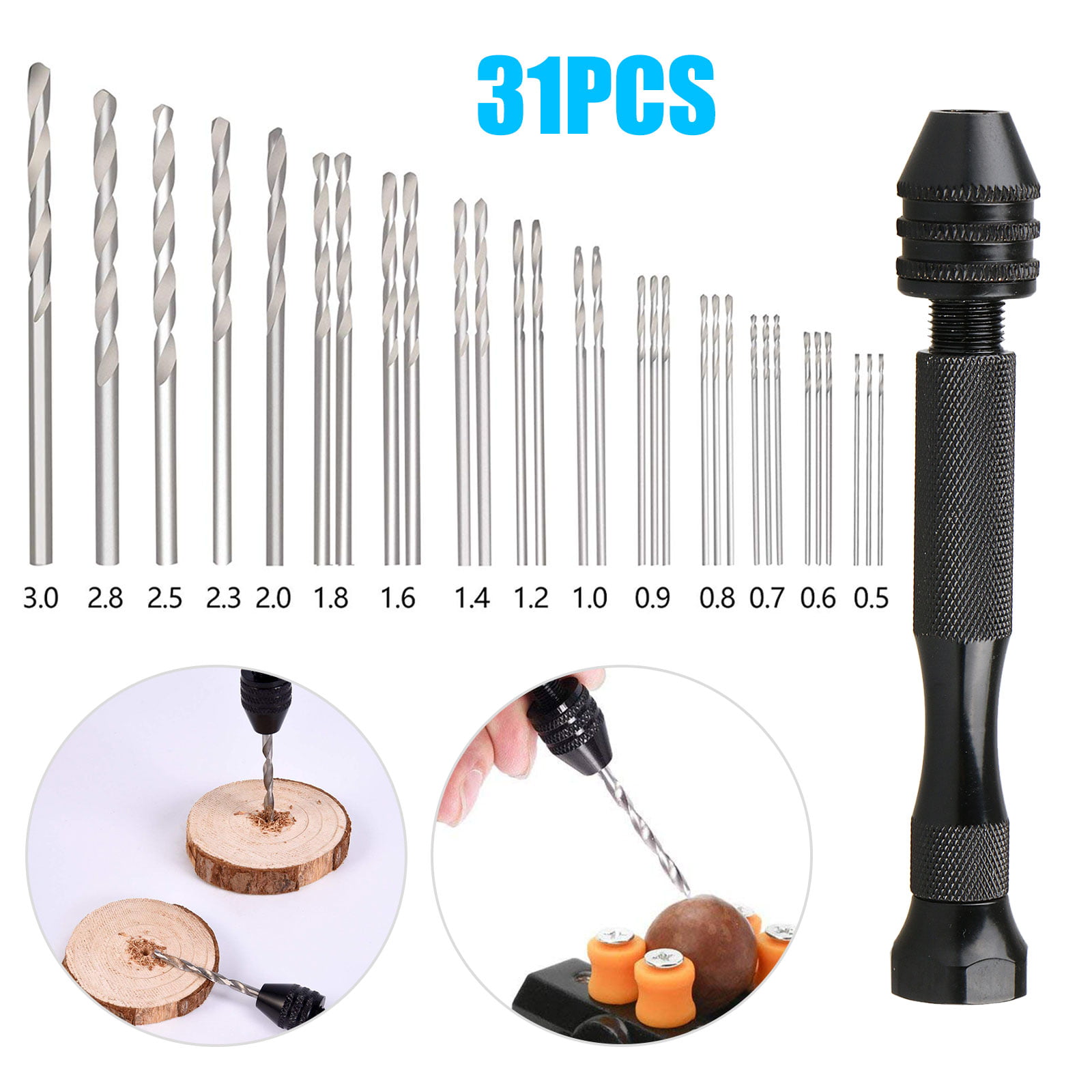 12 Pieces Twist Drill Bits Precision Pin Vise Woodworking Hand Drill for Model Jewelry Walnut Amber Beeswax Olive Nut
