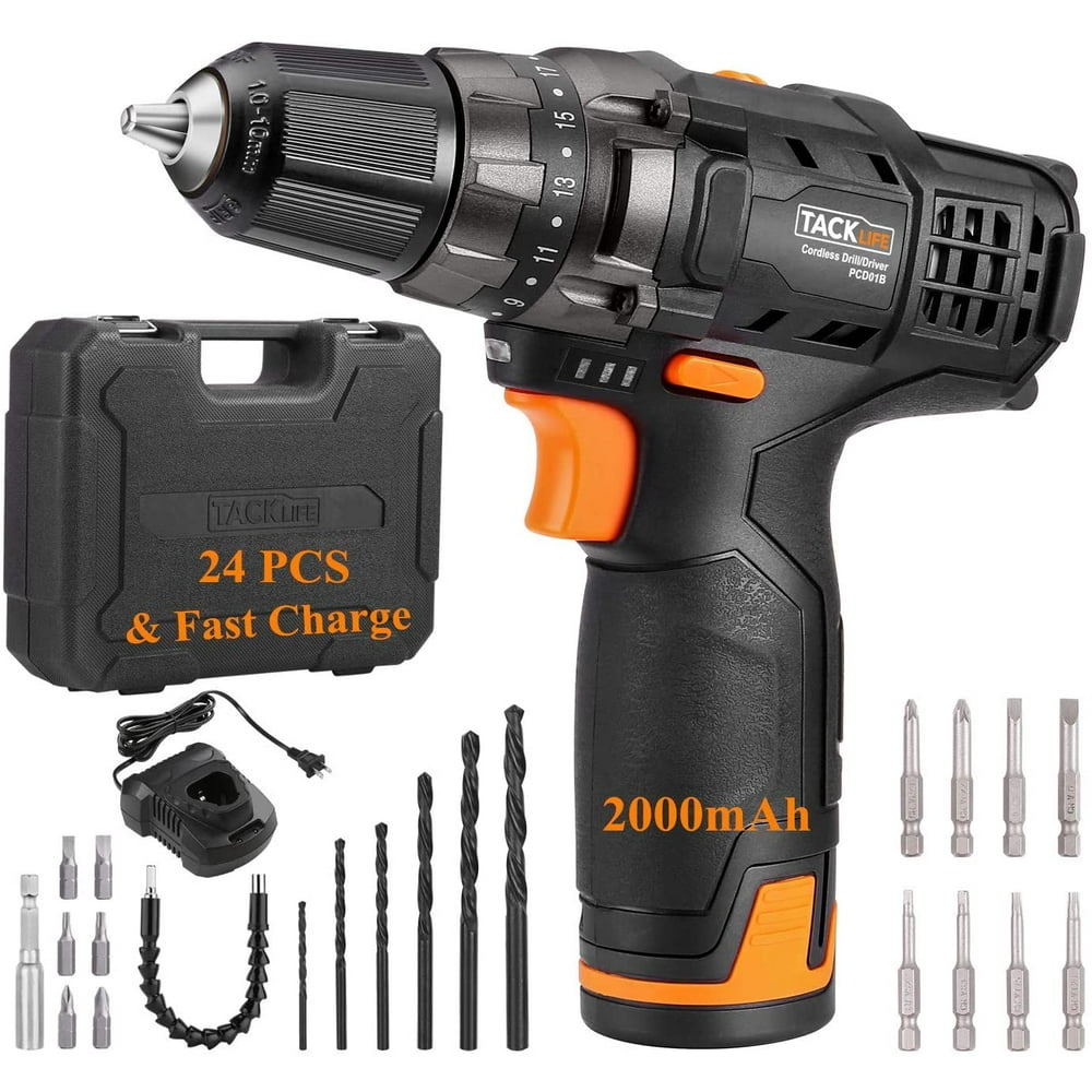 TACKLIFE Cordless Drill 12V 3/8inch ,240 Inlbs Torque, 24pcs,2.0Ah