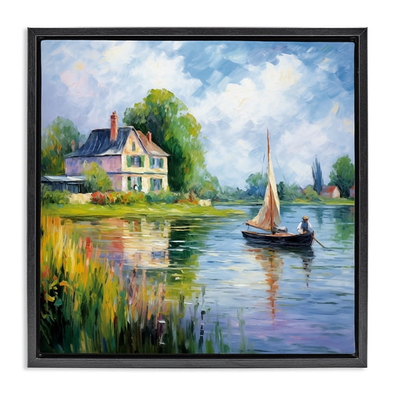 Stupell Industries Boat Drifting Near Shore Landscape & Nature Painting Black Floater Framed Canvas Art Print Wall Art, 18 x 18