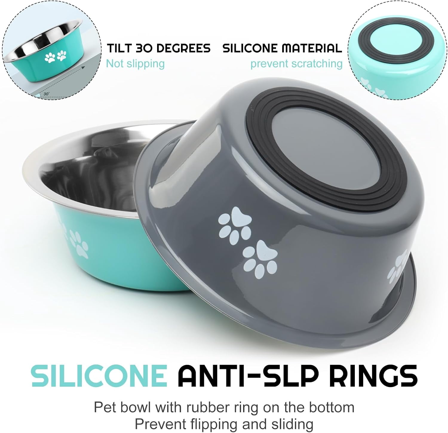 Stainless Steel Dog Bowls 2 Pack Large Extra Large Dogs Feeding Food Water Bowl with Non-Slip Silicone Sole, Dog Dishes Elevated Raised Pet Feeder(Green+Grey, XL(8.5 Cups)