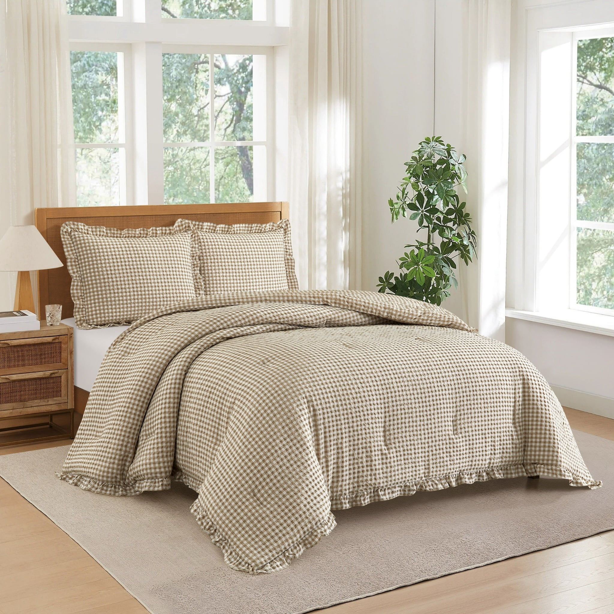 Mason & Craft 3 Piece Beige Gingham Seersucker Comforter Set, Full/Queen