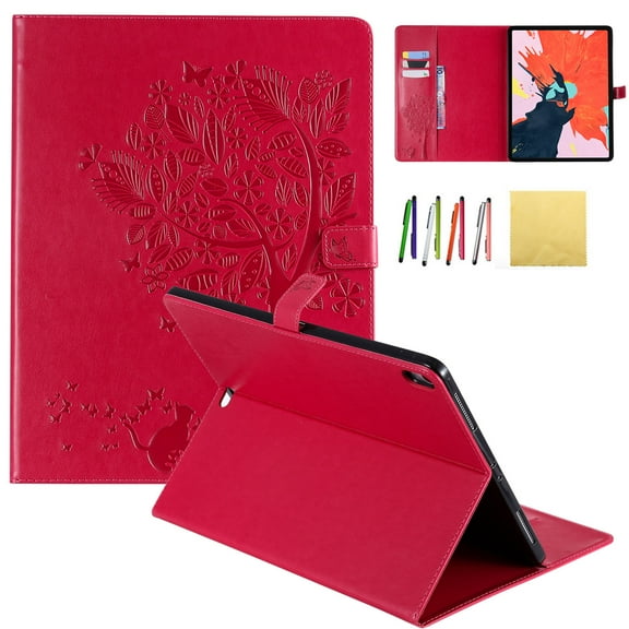 iPad Pro 12.9 2018 Case, Allytech Embossed Cat & Tree PU Leather Stand Folio Wallet Case Cover with Credit Card Slots for New Apple iPad Pro 12.9 Inch 3rd Gen 2018 Release, Red