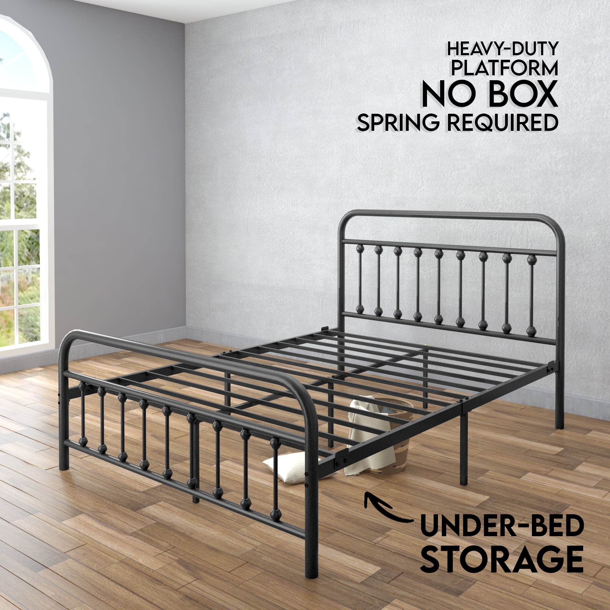 Golden Gate Beds Victorian Vintage Style Metal Bed Frame with Wrought Iron Headboard and Footboard, Classic Platform Bedframe Storage, No Box Spring Needed, Mattress Foundation, Black,California King