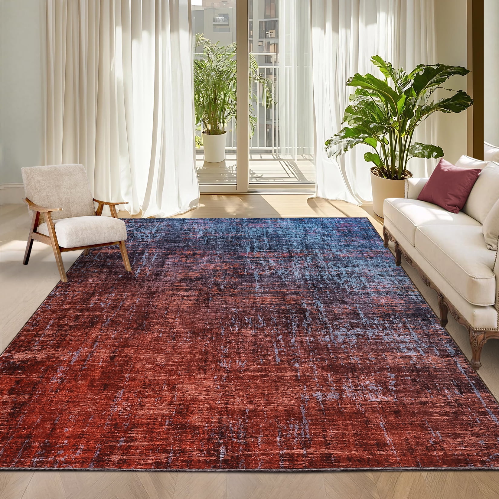 FairOnly 9'x12'Modern Abstract Gradient Color Area Rug Machine Washable Ultra Thin Low Pile Non Slip Carpet for Living Room Dining Room Bathroom,Red Blue