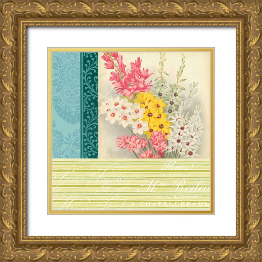 Vision Studio 26x26 Gold Ornate Wood Framed with Double Matting Museum Art Print Titled - Floral Montage II