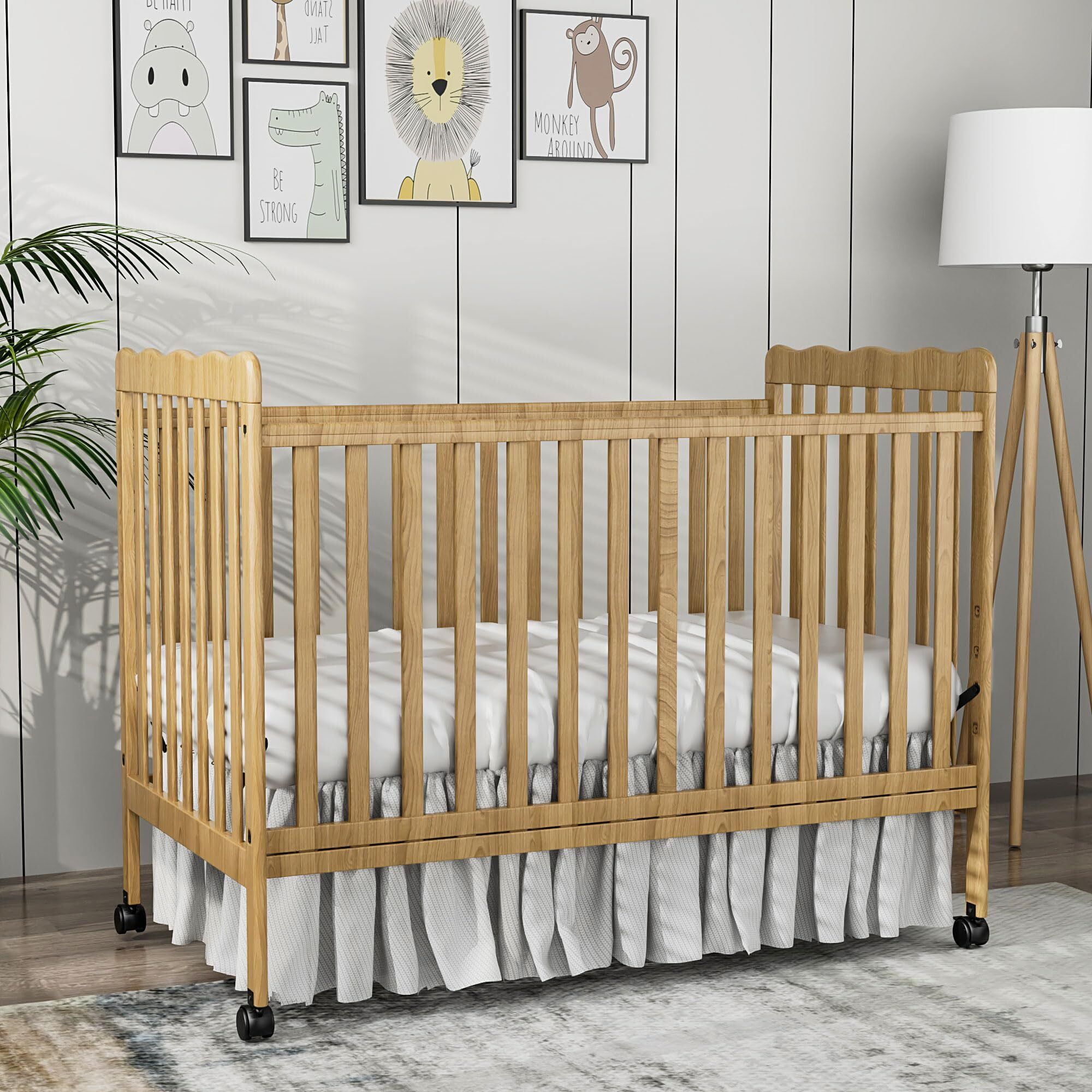 Baby Convertible Crib 3 In 1, Converts from Baby Crib to Toddler Bed, New Zealand Pinewood Baby Bed with Locking Wheels and Teething Rail, Crib with 4 Height Adjustment and Non Toxic Finish, Natural