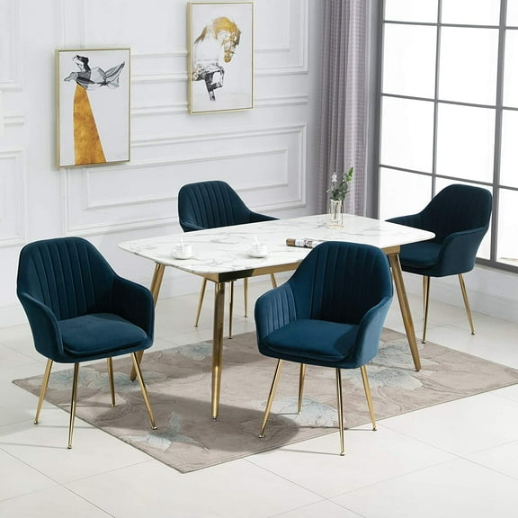 AVAWING Modern Living Dining Room Accent Arm Chairs Set of 4, Upholstered Seat, Golden Legs, Blue