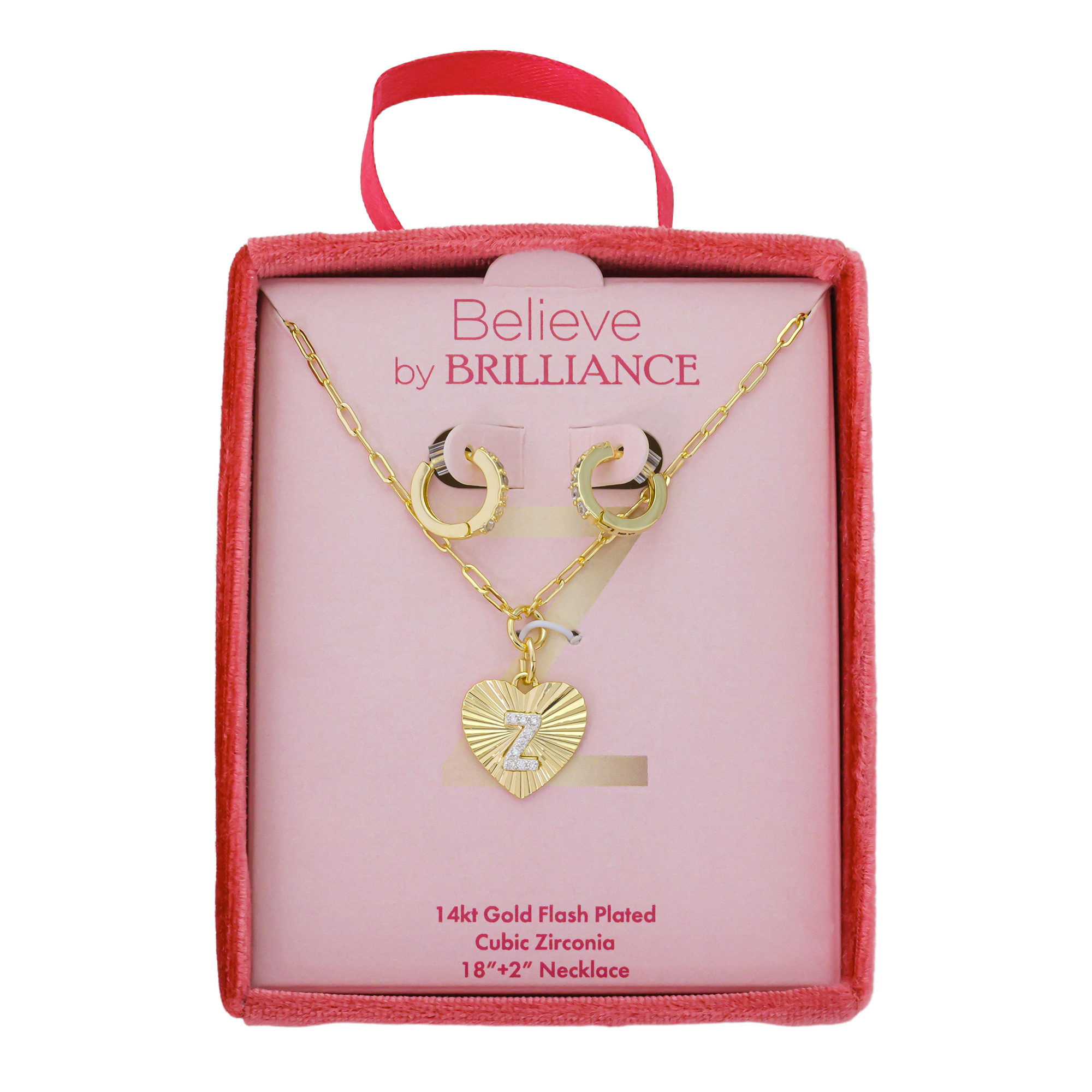 Believe by Brilliance Women's 14Kt Gold Flash Plated Cubic Zirconia Initial Z Heart Pendadnt Necklace and Hoop Earring Set, 18+2"