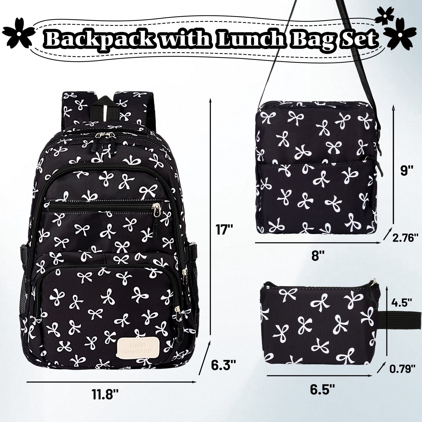Dakimoe School Backpack Set with Cute Bow, Lightweight Bookbag - Black, Perfect for Elementary &  Middle School  Ages 4-12