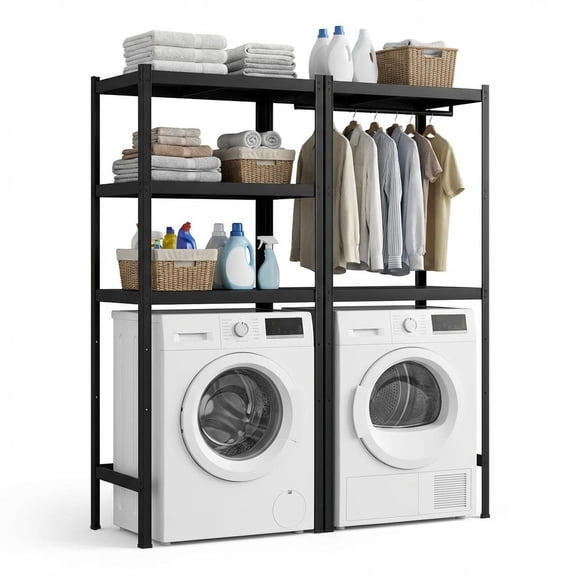 Over Washer and Dryer Storage Shelf, Adjustable 4-Tier Laundry Organizer with Hanging Rods and Hooks for Laundry Room Space Saving
