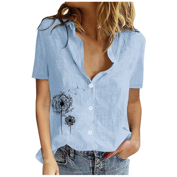 Mujeres Impreso Manga Corta Botón Suelto Turndown Collar Camisa Blusa Sólida Tops OAVQHLG3B Store lin121212