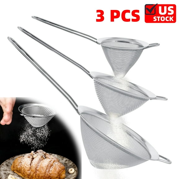 Set of 3 Stainless Steel Conical Strainers - 3", 4" & 5.5" Sizes - Chinois Style, Extra Fine Twill Mesh Sieve, Stainless Steel Strainers and Colanders for Kitchen