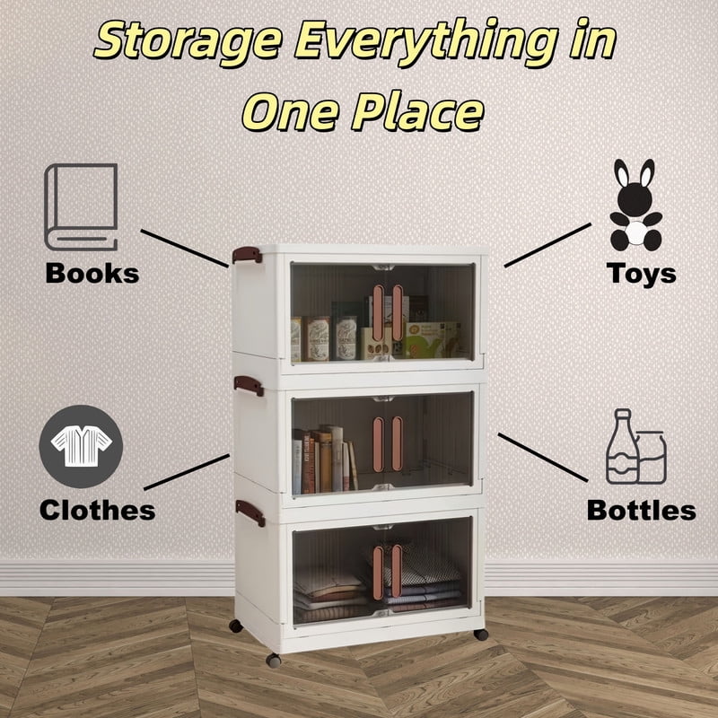 Howcool 3/4/5-Tier Stackable Storage Bins with Lid, Foldable Storage Box Cabinet with Wheels & Acrylic Doors