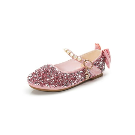 

Ritualay Kids Dress Shoes Magic Tape Princess Shoe Ankle Strap Mary Jane Sandals Bow Non-slip Comfort Flats Children Girls Glitter Pink 12.5C