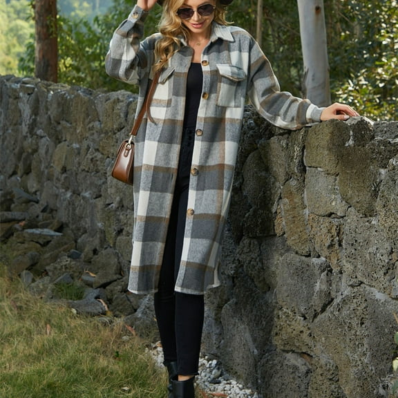 Fartey Plus Size Womens Long Flannel Coats Plaid Shacke Jacket Dressy Casual Lapel Button Down Coat Fall Winter Long Sleeve Outerwear with Pockets