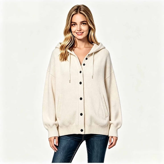Women’s Hooded Button Down Knit Cardigan, Long Sleeve Knit Outerwear Sizes S-3XL