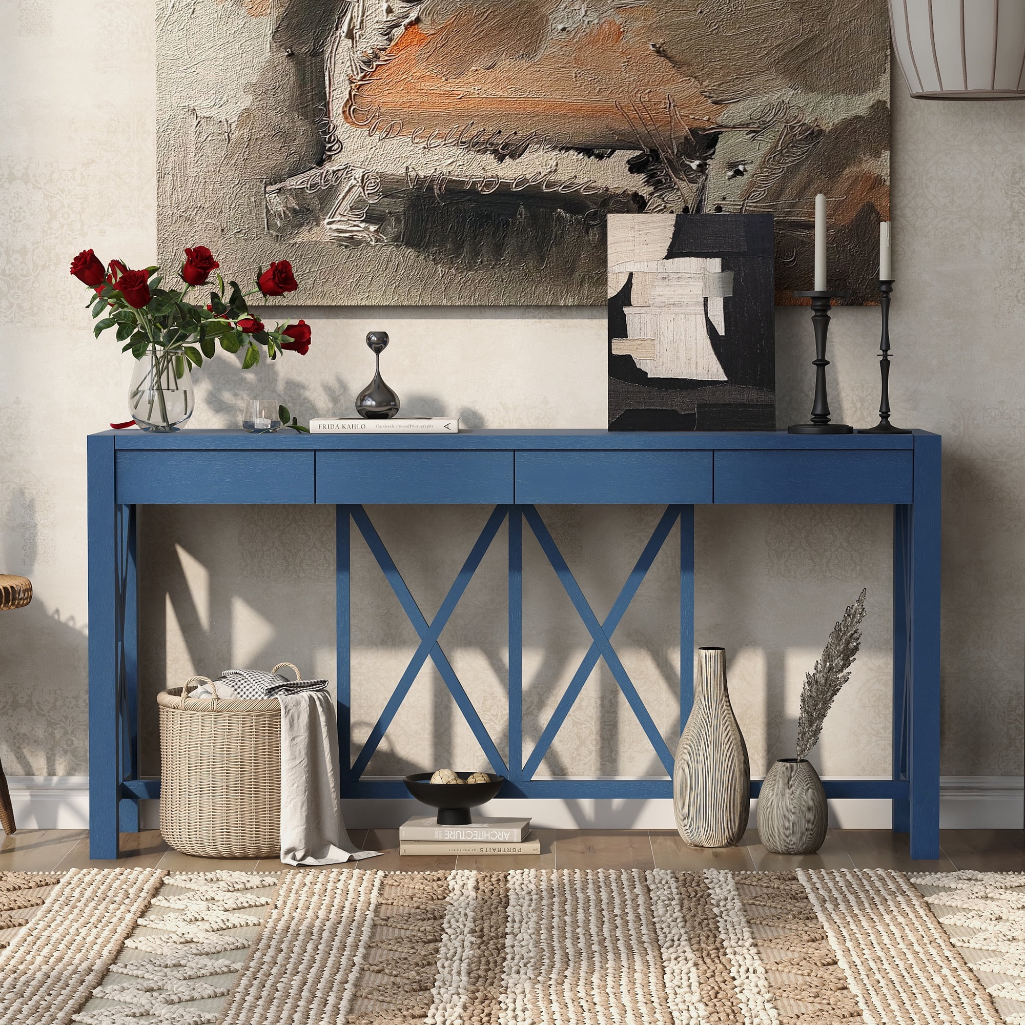 Euroco 60" Wood Console Table with 4 Drawers,Farmhouse Narrow Long Entryway Table Sofa Table with Open Bottom Storage for Living Room,Kitchen,Hallway,Navy Blue