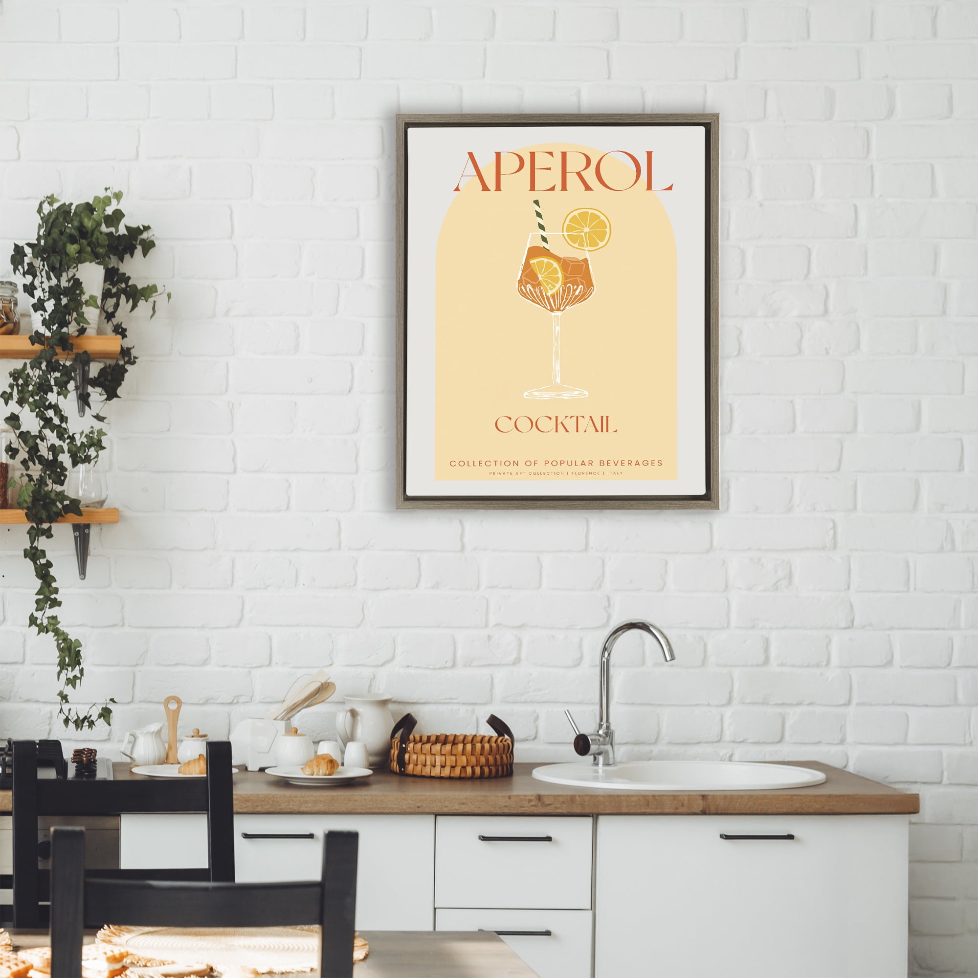 Stylish Retro Aperol Cocktail Brown Framed Floater Canvas Wall Art, design by Lil' Rue