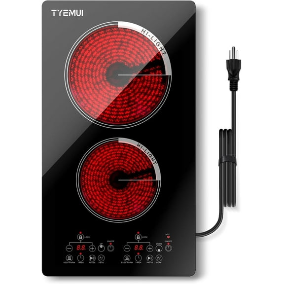 TYEMUI 12 Inch Electric Cooktop with 2 Burners - 110v Ceramic Hot Plate Double Burner with Plug, Timer, Booster, Keep Warm, Child Lock, Pause