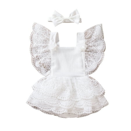 

Franhais Summer Infant Lace Romper Outfit Baby Girls Sweet Style Flower Pattern Fly Sleeve Layered Skirt Splicing Jumpsuit + Headwear