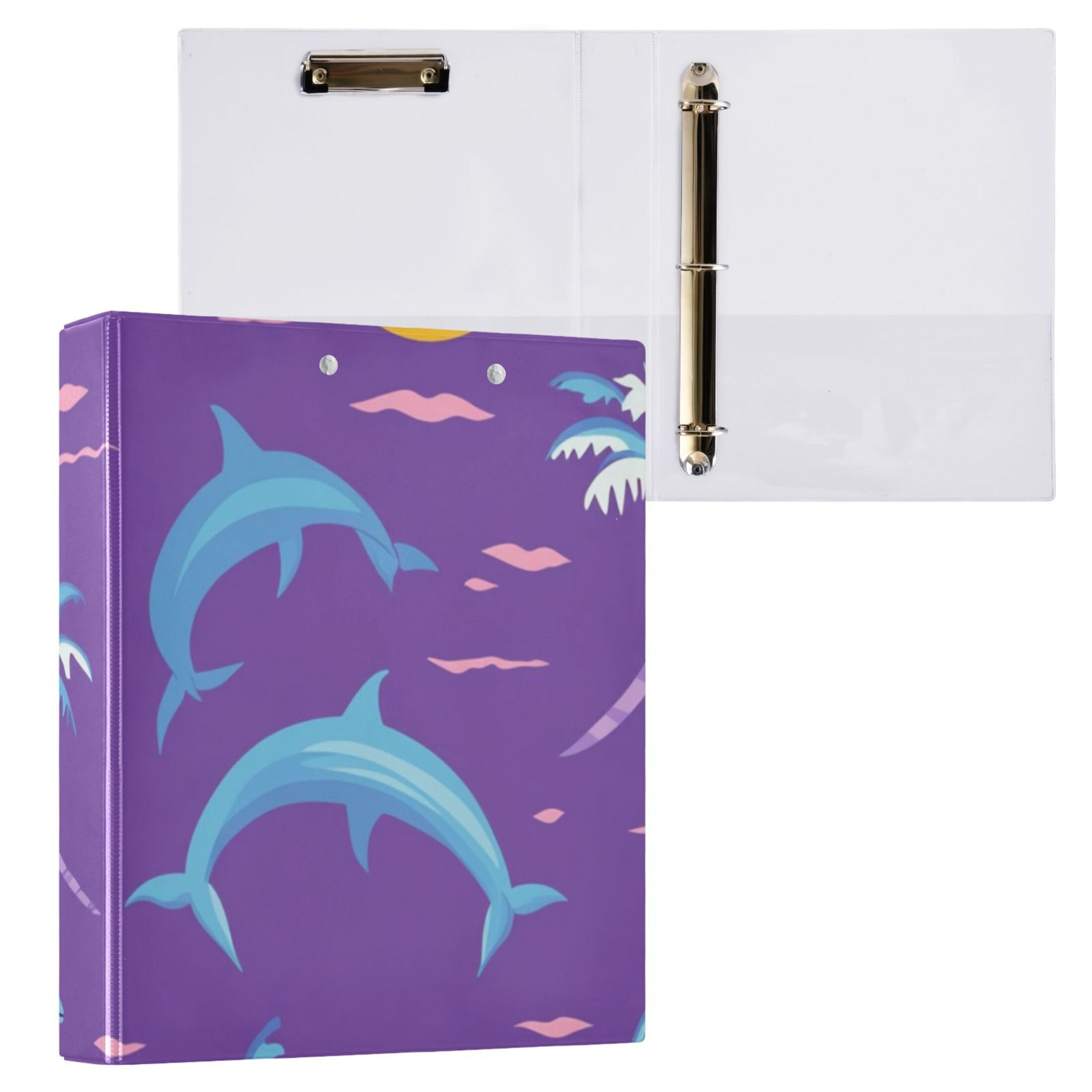 Sun Trees Whales Purple 3 Ring Binders 1.5 inch Hardcover File Folders with Interior Pockets A4 Size Organizer for School Office Hospital