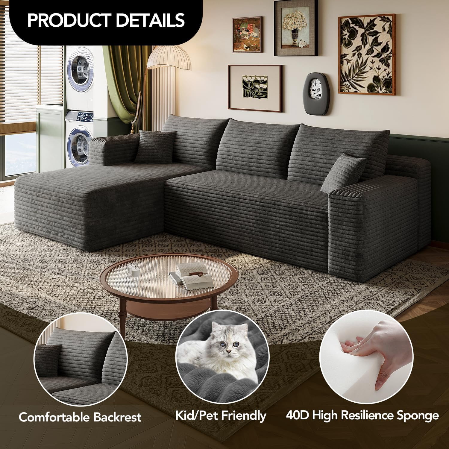 103" Cloud Sectional Sofa, Modern L Shaped Deep Seat Couch, Plush Corduroy Upholstered Sofa No Assembly, Living Room