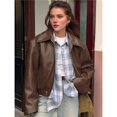 thumbnail image 6 of Women's Leather Jacket Long Sleeve Zipper Faux Oversized Coats Fall Fashion Outfits Winter Clothes Brown L, 6 of 10
