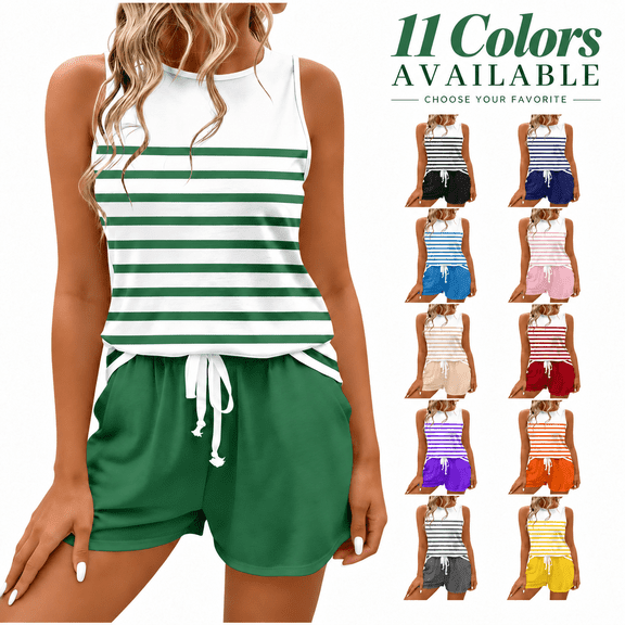 Loungewear Sets Women Shorts New Summer Short Set for Women Stripe Tank Tops Elastic Waist Shorts Matching Outfit Sets for Workout Running Sport Wear