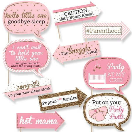 Funny Pink and Gold - Hello Little One - Girl Baby Shower Photo Booth Props Kit - 10 Piece