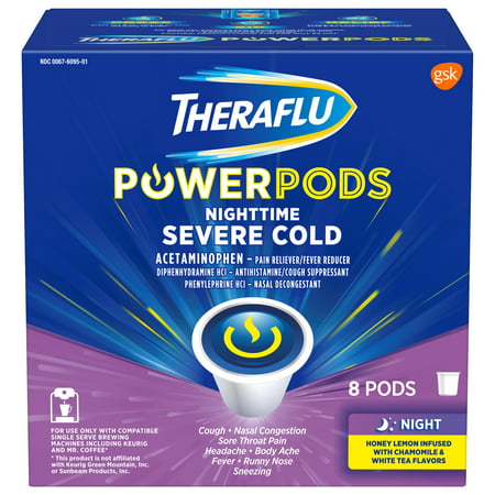 Theraflu PowerPods Nighttime Severe Cold Medicine, Honey Lemon with Chamomile & White Tea Flavor Pods, 8 (Best Cold Medicine For Someone With High Blood Pressure)