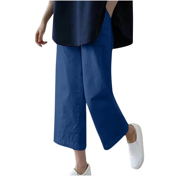 successthop Womens Capris with Pockets Casual Plus Size Wide Leg Cropped Pants Holiday Solid Baggy Summer Bottoms Blue M