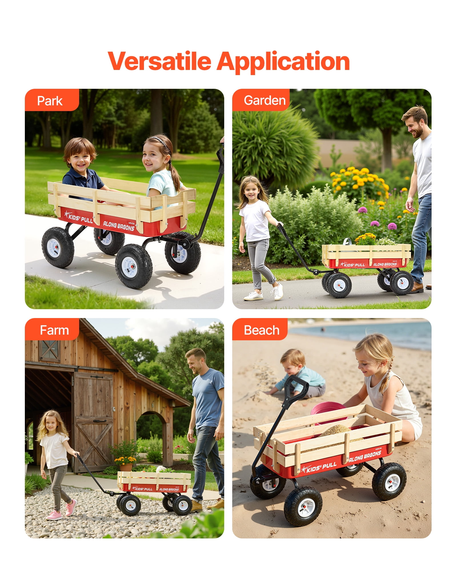 VEVOR Pull-Along Wagon for Kids, 39 inch Toddler Wagons with Wooden Panels & Handle, Supports up to 330 lbs, All-Terrain Utility Wagon Cart Birthday Present for Kids Gardening Beach, Red