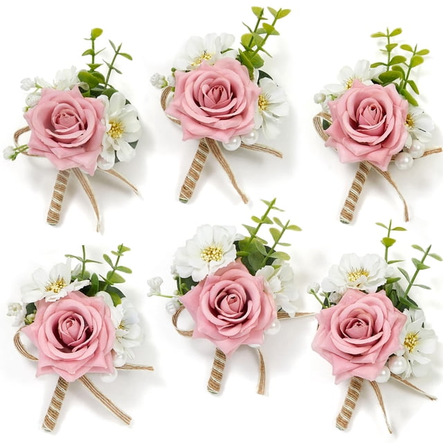 Boutonniere Serwalin Pink Rose para boda, 6 unidades, para hombre