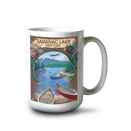 

15 fl oz Ceramic Mug Saranac Lake New York Adirondacks Canoe Scene Dishwasher & Microwave Safe