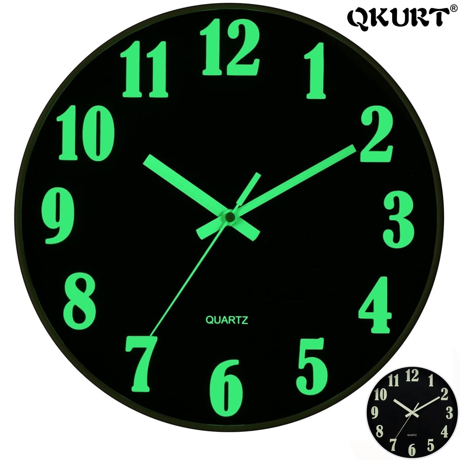QKURT Modern Night Light Wall Clock, 10 Inch Silent Non-Ticking Quartz Wall Clocks, Glow in The Dark Battery Operated Decorative Wall Clock for Bedroom, Kitchen, Living Room