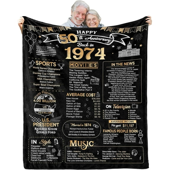 50th Anniversary Blanket Gifts Gift for 50th Wedding Anniversary Golden 50 Years of Marriage Gifts for Couple Wife Husband Dad Mom Parents Grandpa Grandma Grandparents Back in 1974 Blanket 60Lx50W