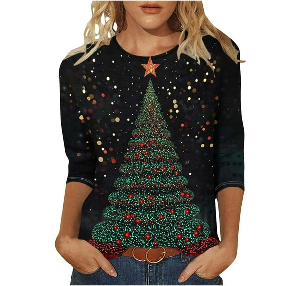 Womens Christmas Tees Goblet Printed Shirts 3/4 Sleeve Pullover Christmas Tree Graphic Sweatshirt Santa Claus Clothes Garland Reindeer Outfits Shining Stars Garments Casual Shirt