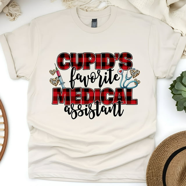 Cupid’s Favorite Medical Assistant Shirt | Plaid Heart MA Tee, Natural, Size 3XL
