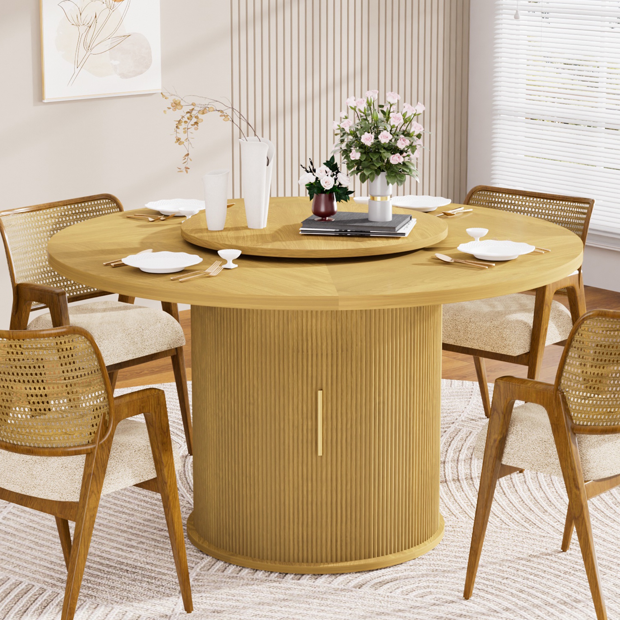PORKISS Modern Round Dining Table, 55 Inch Circle Kitchen Tables for 6 with Double-tiered Storage Rack and Rotating Tabletop Tray, Wood Strip Base, Farmhouse Table for Kitchen, Dining Room, Natural