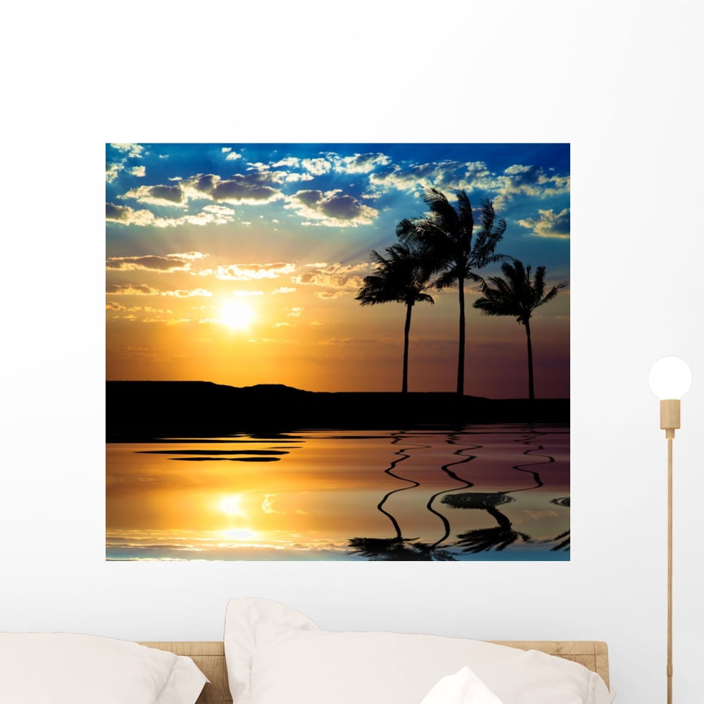 Sunset Beach and Palm Wall Mural by Wallmonkeys Peel and Stick Graphic