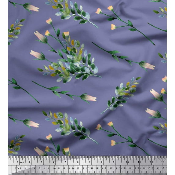 Soimoi Purple Cotton Poplin Fabric Leaves & Tulip Floral Print Fabric by Yard 56 Inch Wide