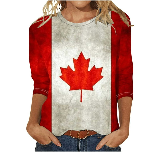 Brnmxoke T-Shirts Col Rond Fête du Canada Drapeau Manches 3/4 Blouse Feuilles d'Érable Imprimées Hauts d'Été Décontractés Élégants Fierté du Canada Basiques Rouges,TG