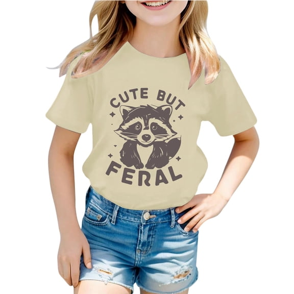 Girls Tshirts Breathable Graphic Print Crew Neck Short Sleeve Tee for Casual Wear Girls Tops Beige 1 Years-2 Years