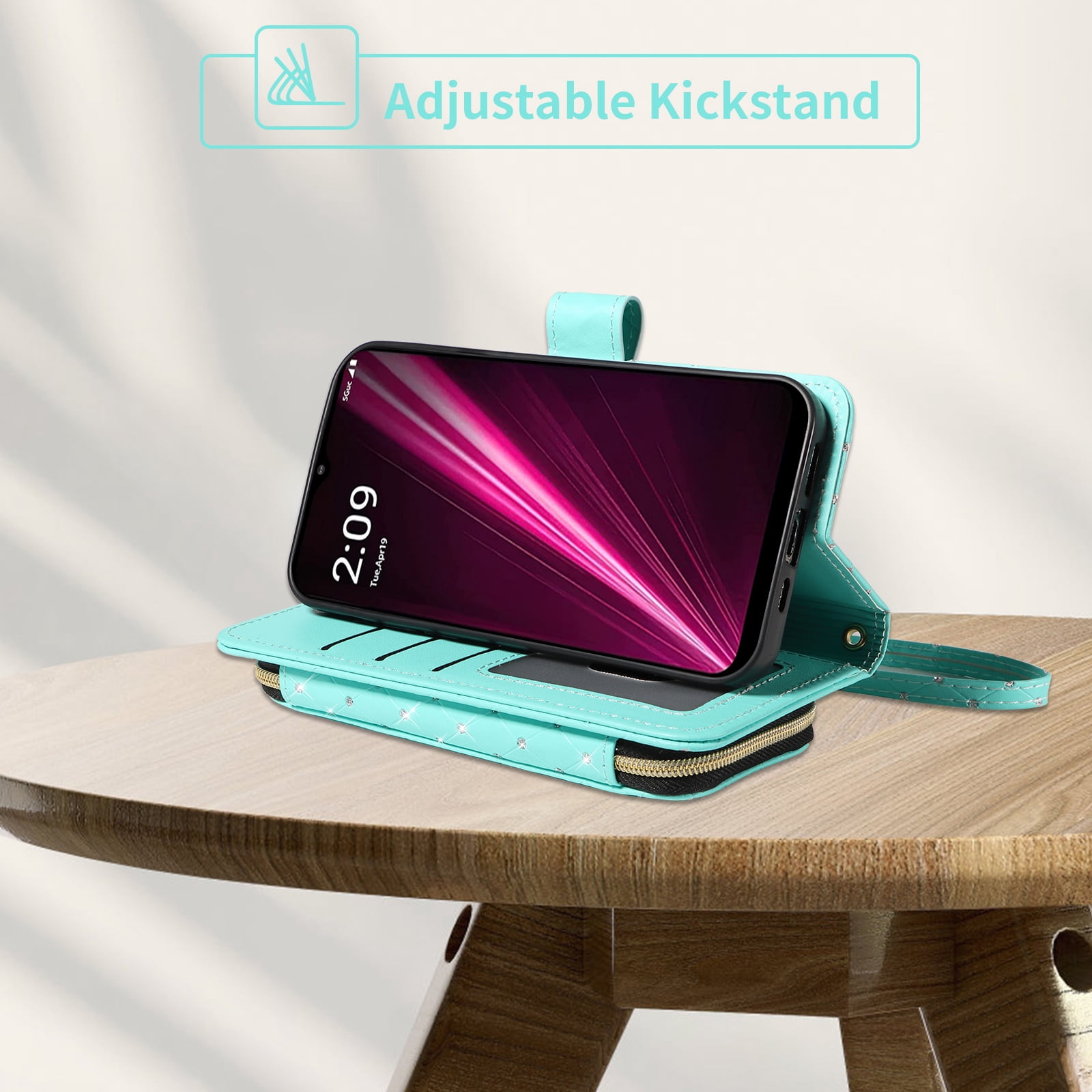 Compatible with T-Mobile Revvl 6/6X 5G Wallet Phone Case Tempered Glass Screen Protector Bling Crossbody Lanyard Strap Flip Zipper Purse Card Holder Cell Cover for Tmobile Revvl6 X Revv6X Women Green