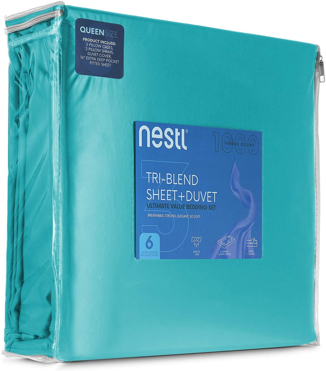 Nestl® 1000 Thread Count Premium Cotton Blend 6 Piece Duvet Cover Set, Includes Duvet Cover, Deep Pocket Fitted Sheet, 2 Pillow Cases, 2 Pillow Shams - Lightweight, hypoallergenic - King, Teal