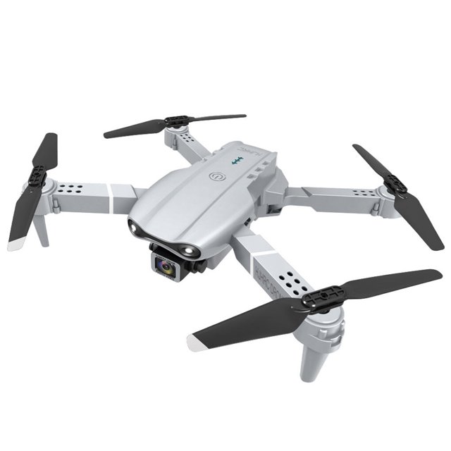 dron mini 4k hd monstrate cámara dual avión wifi control remoto aéreo gris, vista 3/4 frontal del dron plegable con cuatro hélices desplegadas y cámara dual 4K frontal; carcasa ABS gris con hélices negras, bisagras en brazos plegables y lente gran angular visible, tamaño desplegado 28x20x5 cm y plegado 6.5x12x5 cm; adecuado para grabar video en tiempo real y como regalo para niños en exteriores.